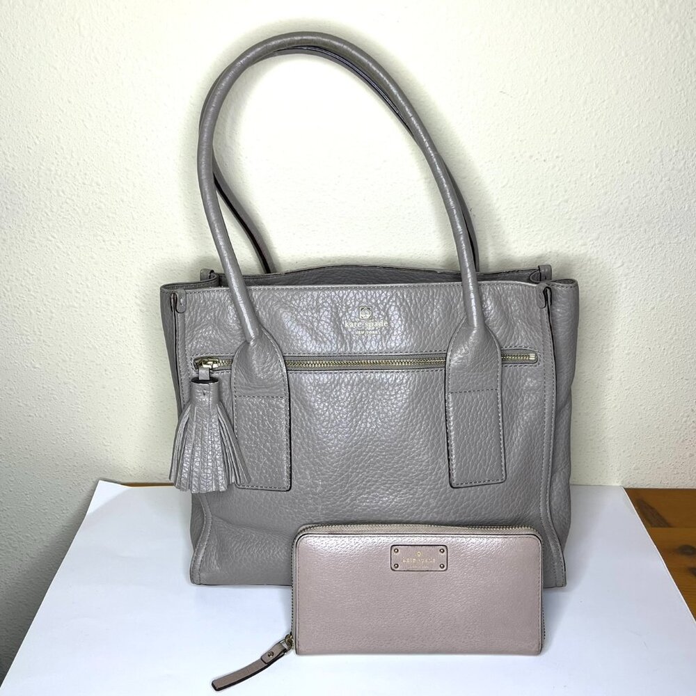 Kate Spade pebbled leather tote bag purse & large wallet taupe beige neutral